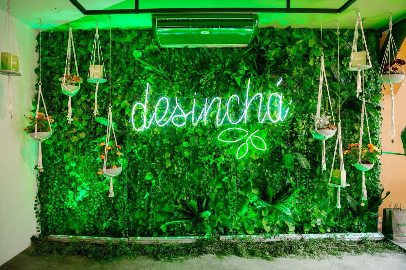 Foliage wall with a "desinchá" neon sign and hanging pots in macramé holders